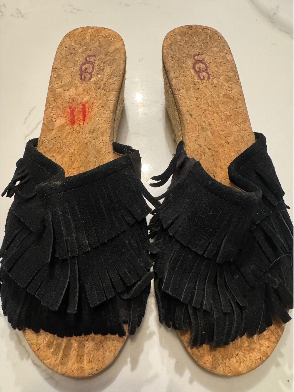 UGG Danes Suede Fringe Espadrille Wedge Sandals - Black, Size 8